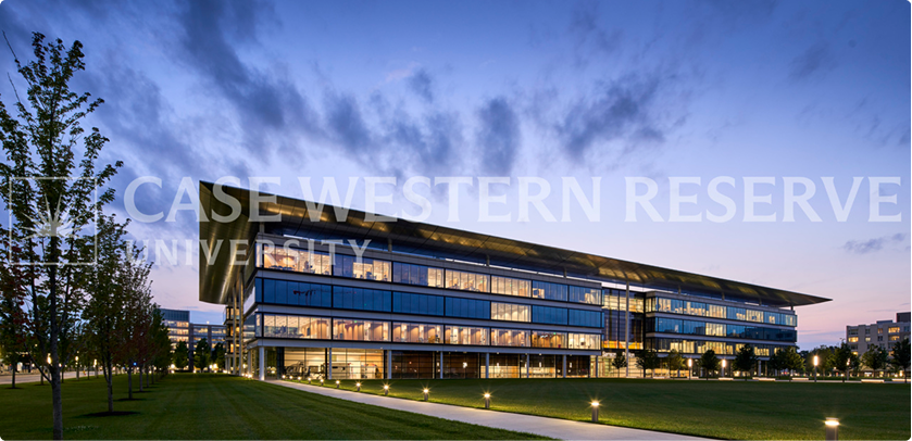 A photo of Case Western Reserve University with the logo in front of it in a transparent way