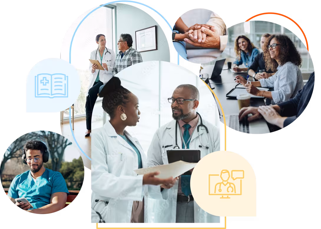 An image collage featuring a provider listening to a podcast, two providers talking, a provider talking to a patient, and a group of people discussing something